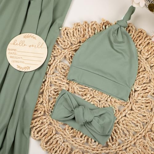 Image of TANOFAR Newborn Swaddle Blanket for Baby Girls & Boys, Ultra Soft Receiving Blankets with Matching Headband and Beanie Set Baby Nursery Swaddle Wrap (Green)
