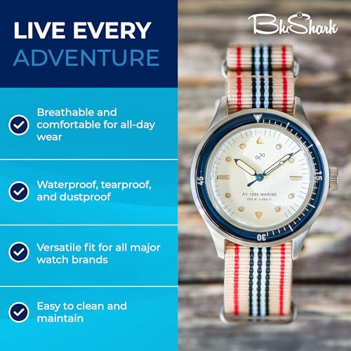 Image of BluShark - Original Collection Military-Style Waterproof Watch Strap, Fits All Timepiece Brands, Durable Nylon Wristwatch Accessories with Stainless Steel Buckle - 18mm, 20mm, 22mm & 24mm Watch Bands