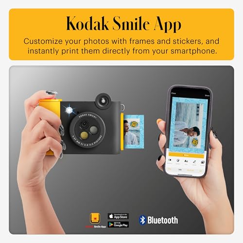 Image of Kodak Smile+ 2-in-1 Digital Instant Print Camera & Photo Printer Gift Bundle + Case + Zink 2x3 Sticky Back Photo Paper 20pk + Album + Sticker Sets + Sticker Frames + Hanging Frames + Markers - Black