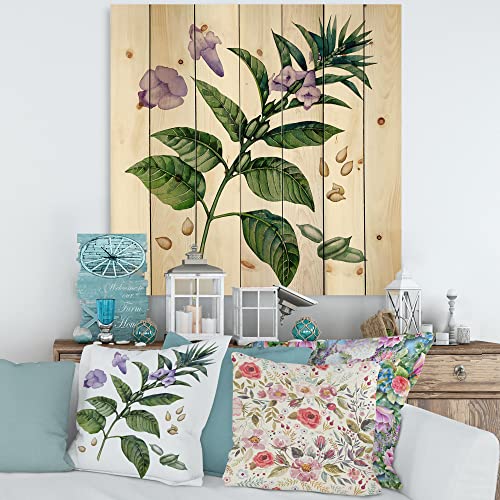 Designq Purple Sesame Flowers With Green Leaves - Traditional Print On Natural Pine Wood #TOP1