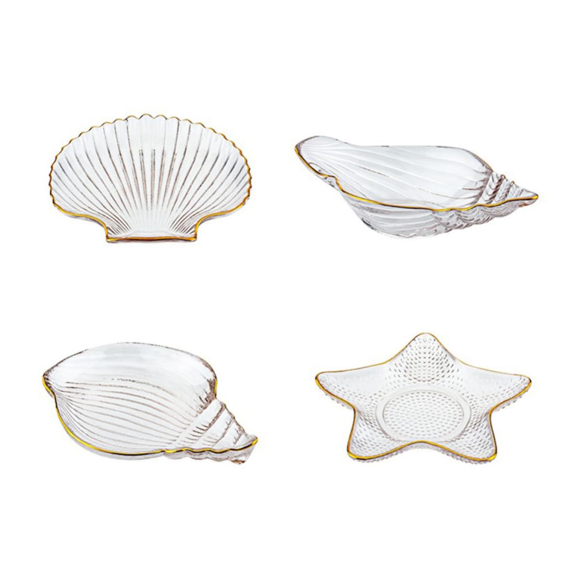 Genérico Bandejas Transparentes Doradas para Joyas y Frutas, Juego de 4 Piezas Diseño Marino, Bandeja Multiusos de Vidrio para Exhibición y Almacenamiento en Hogar, Hotel y Restaurante