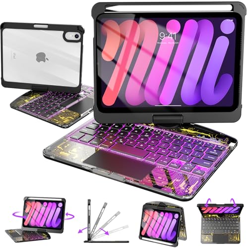 Image of Intermerge Keyboard Case for iPad Mini 7 (A17 Pro, 2024) & Mini 6 (2021) 8.3 inch - 360 Swivel Multi-Touch Trackpad, 7-Color RGB Backlit Keys, Pencil Holder, Type-C Charging, Power Indicator-Shadow Pulse