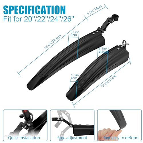 Cooryda Bike Fender Set, Guardabarros Ajustables, Delantero y Trasero, Liberación Rápida, Ensanchado y Engrosado para Bicicleta Montaña y Ciudad 20-26 Pulgadas miniatura 2