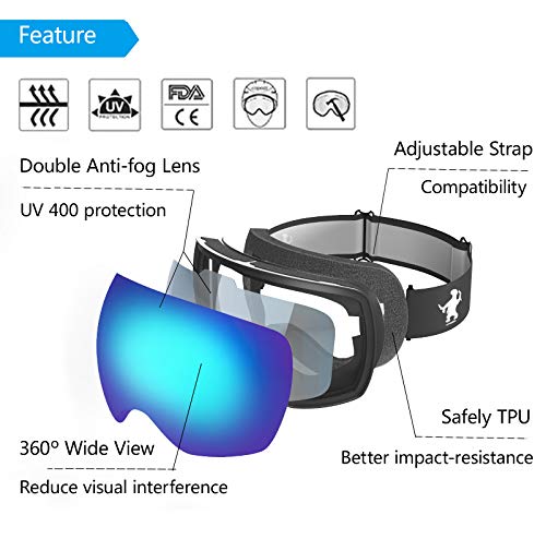Ski Goggles for Men Adult Women, OTG Snowboard Goggles with 220º Spherical Anti-Fog Lens, S2/S3 Snow Goggles 100% UV400 Protection Breathable Durable Flexible for Skiing Snowboarding