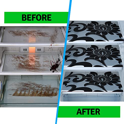Image of Waterproof PVC Refrigerator Drawer Mats /Multipurpose Mat /Fridge Mats Set of 3 Pc (Floral Black, Size-17.5X11.5 Inch)