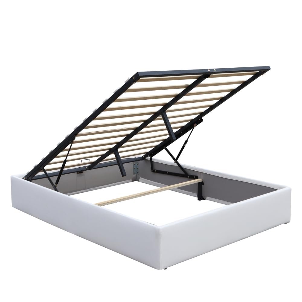 Ensemble Lit Coffre et Matelas 140x190 cm - Couleur : Blanc - Sommier Relevable avec Vérins Hydrauliques - Matelas Mousse Soutien Ferme Face Hiver Laine - Lit Coffre Déhoussable