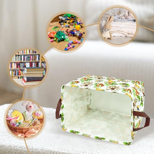 Image of Woodland Animal Storage Basket Home Forest Decor Waterproof Canvas Toy Storage Bin Collapsible Outdoor Basket with Leather Handles Woodland Decor Blanket Baskets For Closets,Bedrooms,Gifts Baskets
