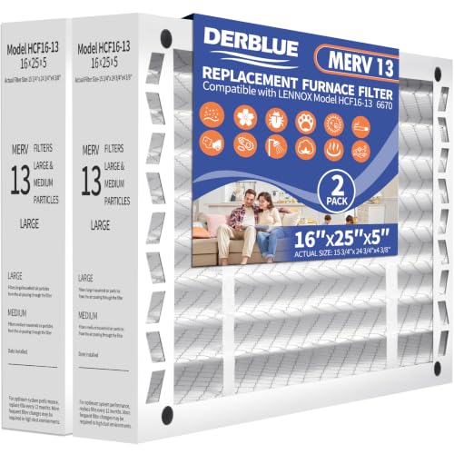 DerBlue 2PACK 16x25x5 MERV 13 Furnace Filter Replacement Compatible with Lennox X6670 HCF16 Pleated HVAC Foldable Design for Easy Installation & Space-Saving(Actual Size: 15.75 x 24.75 x 4.38in)