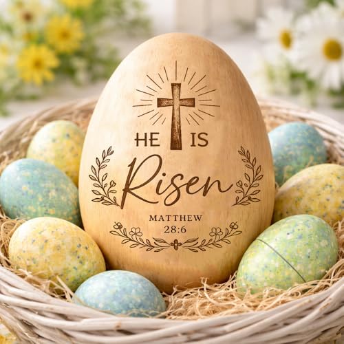 He Is Risen Wooden Egg Decor with Cross – Christian Engraved Wood Egg, Matthew 28:6 Bible Verse Religious Easter Table Decoration, Faith Gift for Christians, Church Spring Basket Display