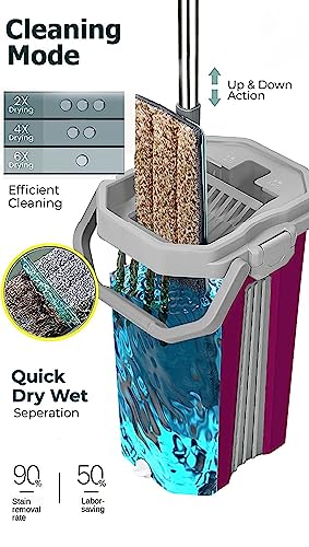 Image of Superior Sturdy and Heavy Quality Floor Mop with Bucket Set, Hands-Free Flat Floor 360 Flexible Mop and Bucket with 2 Reusable Microfiber Pads, Wet and Dry Use, Floor Cleaning Supplies (Wine)