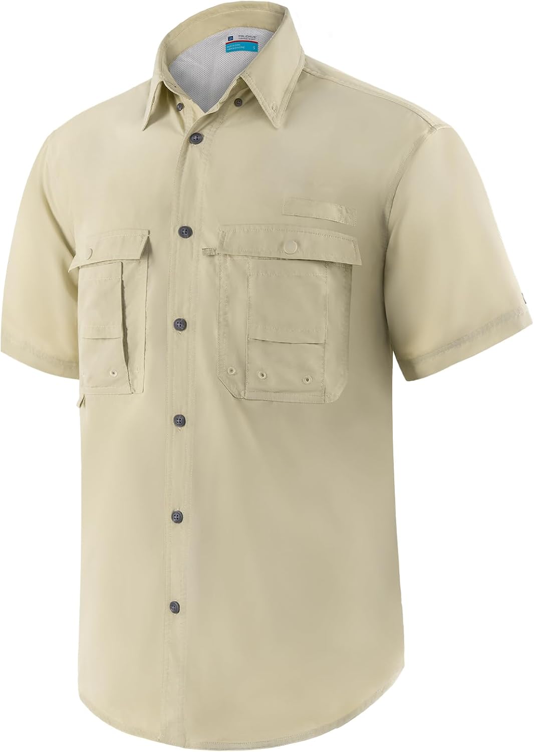 Men's Short Sleeve Fishing Shirts, Quick Dry UPF 50+ Sun Protection Shirts for Hiking, Camping, Beach (Khaki, Lake Blue)