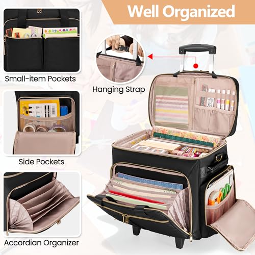 Image of Rolling Scrapbook Bag with Wheels, Rolling Craft Bag Cart Organizer | Scrapbook Storage Tote Bag with Detachable Trolley, Shoulder Strap, Fits 15.6 inch Laptop, Art Supplies Bag (Patent Design)