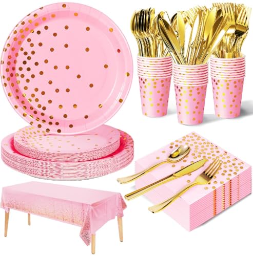 Image of Nkaiso 141Pcs Pink Gold Paper Plates and Napkins Party Supplies-20 Guests
