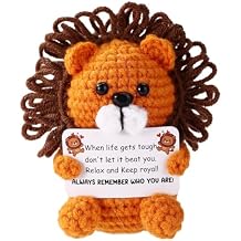 Positive Lion, Crochet Lion Handmade Positive Knitted Toy with Inspirational Card Cute Emotional Encouragement Support Animals Toy for Home Room Office Gift Desktop Decoration