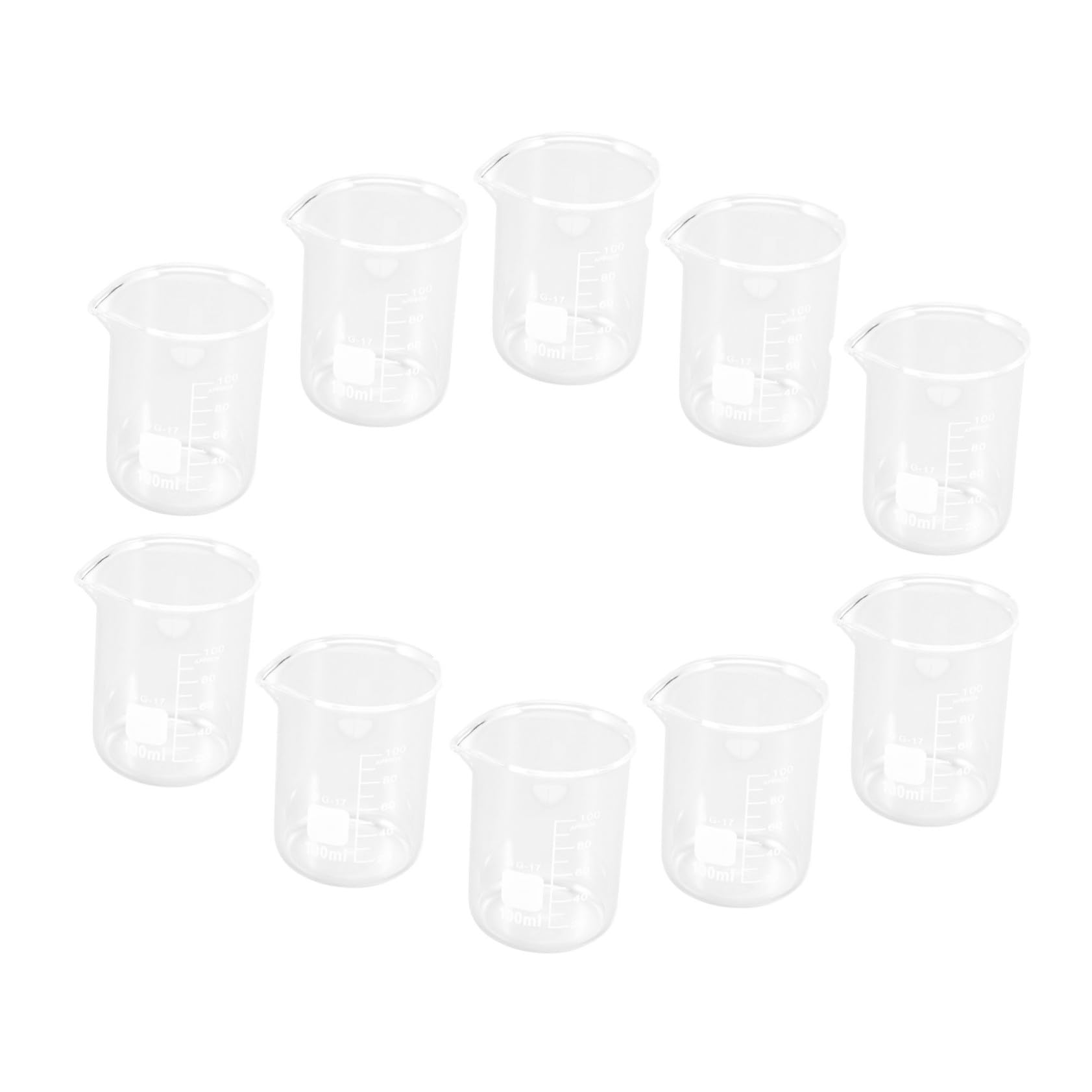 FRCOLOR 10 Stück 100 ml Messbecher aus Transparentem Sicherheitsglas mit Skala Hitzebeständiger Flüssigkeitsmesser für Labor Küche und Backbedarf
