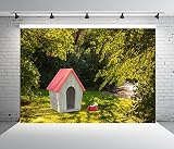 BELECO 1.5x1m Stoff-Hundehütte für den Garten im Freien, Hintergrund für Fotografie, Hundehütte aus Holz mit rotem Dach, grünem Gras, Wiese, Bäumen, Hintergrund für Geburtstagsparty-Dekorationen