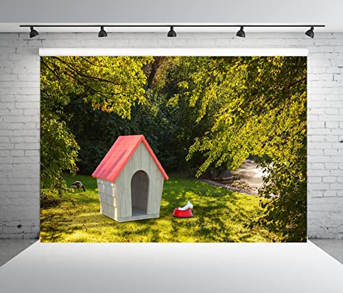 BELECO 1.5x1m Stoff-Hundehütte für den Garten im Freien, Hintergrund für Fotografie, Hundehütte aus Holz mit rotem Dach, grünem Gras, Wiese, Bäumen, Hintergrund für Geburtstagsparty-Dekorationen