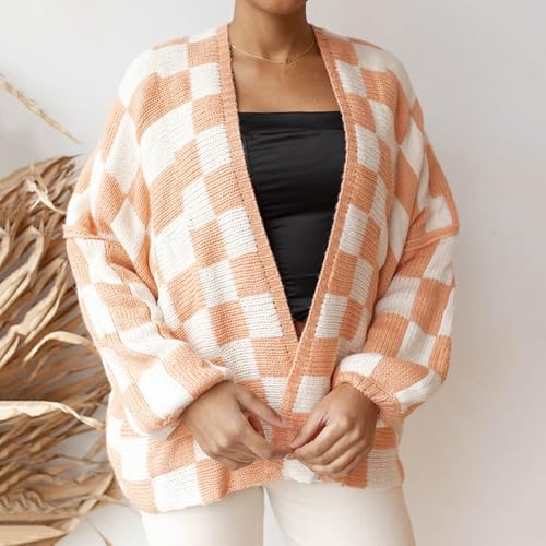 Image of Womens Checkered Cardigan Sweater Loose Long Sleeve Open Front Sweater Knit Coat Casual Oversized Plaid Cardigan Tops
