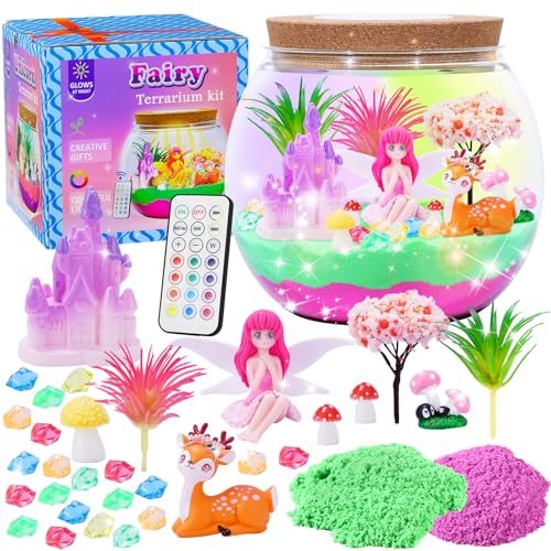 Hannstar Fairy Garden Light Up Terrarium Kit for Kids - LED Night Light Birthday Gift for Girls Ages 4 5 6 7 8 10 12 Years Old - Creative Toys for Girls - DIY Arts and Crafts Kit for Kids