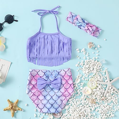 Infant Baby Girl Bikini Swimsuit Mermaid Bathing Suit Tassels Fish Scale Bowknot Toddler Swimwear Summer Outfits Set (Purple 2#, 2-3 Years) #TOP4