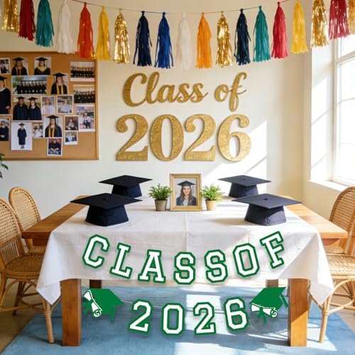 Image of Class of 2026 Graduation Banner University College Grad Garland Decoration Party Supplies High School Colors Green White