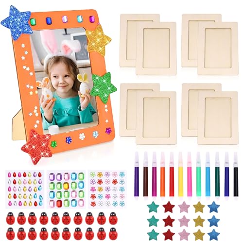 8 Pieces Wooden Picture Frame Craft Kit for Painting, DIY Picture Frame Craft Kit with 3 Different Rhinestones, 3D Foam Star and Ladybird Stickers, Blank Frame for Painting for Kids