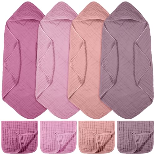 Image of VitalCozy 8 Pcs Baby Muslin Hooded Bath Towels and Washcloths, Muslin Hooded Baby Towels Absorbent Blankets for Gift Newborn Infant Shower (Pink,Purple)