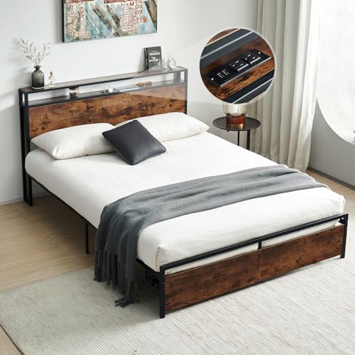 Image of Virabit Queen Size Bed Frame with Storage, Metal Platform Bed Frame Queen with Headboard and Charging Station, Steady and Noiseless, No Box Spring Needed, Easy Assemble(Brown)