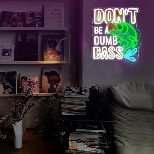 Image of Fish Neon Lights Don't Be a Dumb Bass Neon Signs Wall Decor for Bedroom,Game Room, Man Cave Fishing Gifts For Men, Dad For Fisherman, Father-14.37 x 12.2IN-USB Powered-Acrylic