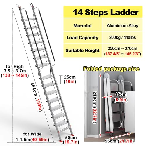 Scala pieghevole in alluminio con gancio per una maggiore sicurezza, ideale per tetto, garage, pozzo finestra e accesso al letto alto, 14 gradini H-404 cm/13,2 piedi