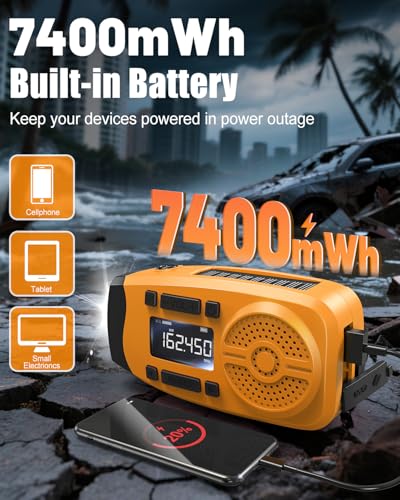 Image of Runningsnail Emergency Weather Radio, 7400mWh Hand Crank Emergency Radio with LCD Display, Support Weather Alert Radio, USB /Solar /Hand Crank,1W Flashlight&SOS Alarm for Outdoor&Home Emergency (Orange)