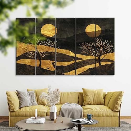 Image of Livin'luxe 5 Panel Abstract Gold Landscape Wall Art | Twin Moon Night Scene with Deer & Trees | Black & Metallic Framed Wall Art for Living Room, Office, Lounge & Modern Luxury (50 x 30 Inch) XL-35421