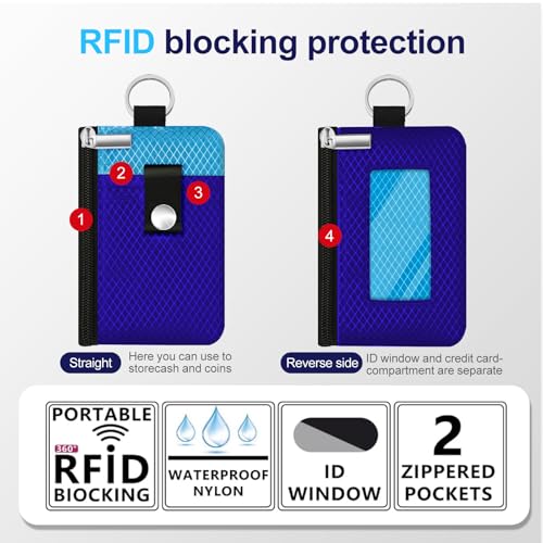 Image of Minimalist RFID Blocking Small Wallet with ID Window,WaterResistant Zip Id Case Wallet with Lanyard Keychain for Cards,Cash,Travel,Women,Men (Sapphire Blue /Lake Blue)