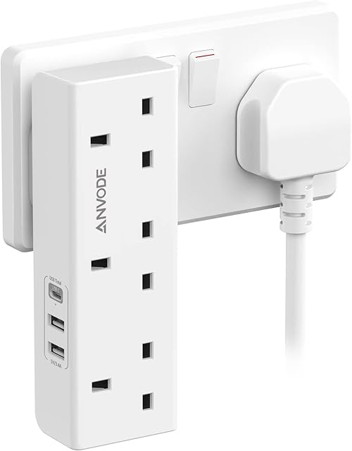 3 Way Plug Adapter with USB, ANVODE Multi Plug Sockets Adaptor with 3 USB (1 Type C), 13A UK 3 Pin Wall Power Extender for Home, Office, Kitchen (White)
