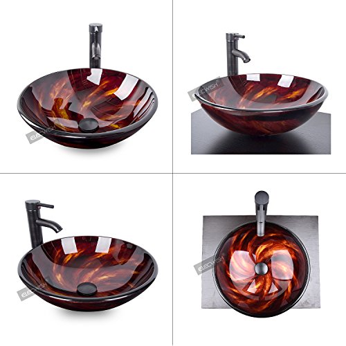 Elecwish,Bathroom Round Artistic Glass Vessel Sink Counter Top With Oil Rubbed Bronze Faucet & Pop-Up Drain Combo (1/2" Commpression With 3/8" Adapter) #TOP2