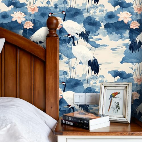 KDGHORMY Vintage Floral Wallpaper Peel and Stick Self Adhesive Watercolor Dark Blue Vivid Lotus Leaf Crane Contact Paper Removable Waterproof for Bedroom Renter Friendly 17.71"x118.1" — view 6
