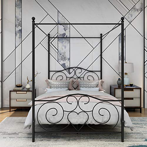 JURMERRY JELUTE Double Canopy Bed Frame Platform with Vintage Headboard and Footboard Sturdy Metal Frame Premium Steel Slat Support, Black