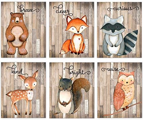 Woodland Nursery Decor for Boys - Animal Pictures Wall Art - Baby Room Animal Prints on Shiplap Background - Bear Deer Fox Raccoon Owl Squirrel Decor - Set of 6 PRINTS - 8x10 - UNFRAMED