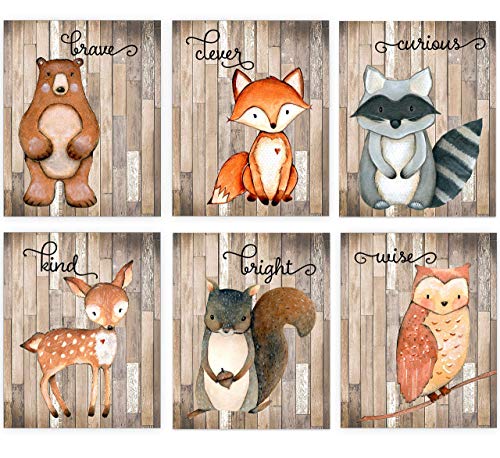 Image of Woodland Nursery Decor for Boys - Animal Pictures Wall Art - Baby Room Animal Prints on Shiplap Background - Bear Deer Fox Raccoon Owl Squirrel Decor - Set of 6 PRINTS - 8x10 - UNFRAMED