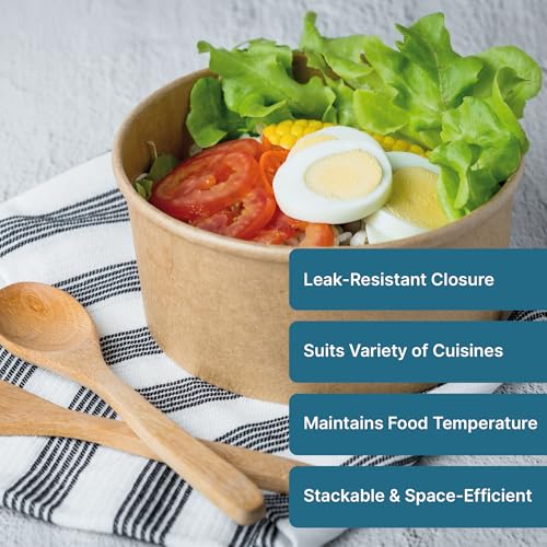Image of Disposable Round Paper Container with Lids | Takeout Containers for Hot /Cold Foods, Soup, Salad, Dessert, Pasta, Noodles | Microwavable, Leak-Proof Food Storage Containers- 1300ml, 50 Pack