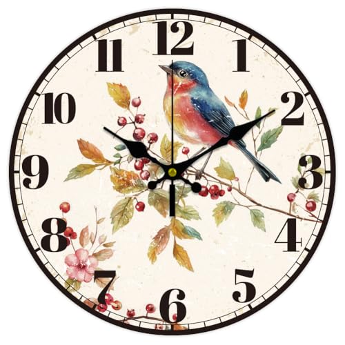 CHGCRAFT 12inch Bird Wall Clock Berries Battery Operated Silent Non Ticking Flowers Round Decorative Clock for Office Home Kitchen Decor