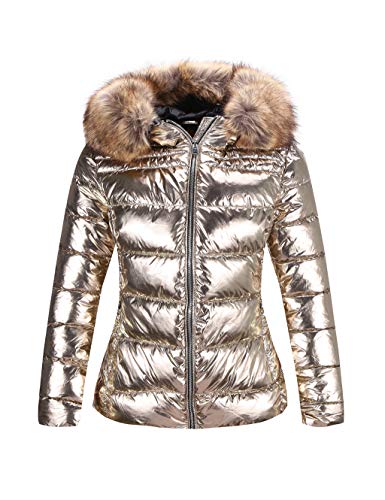 Bellivera Women's Puffer Jacket Warm Coat Hooded with Fur Collar Gold M