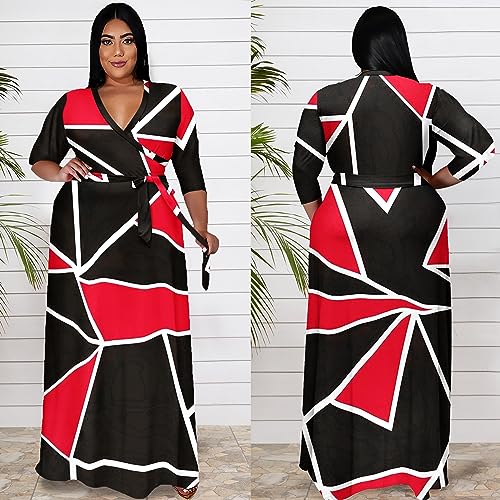 Image of Runwind Plus Size Dresses for Women Floral Maxi Dress Flowy 3 /4 Sleeve with Belt
