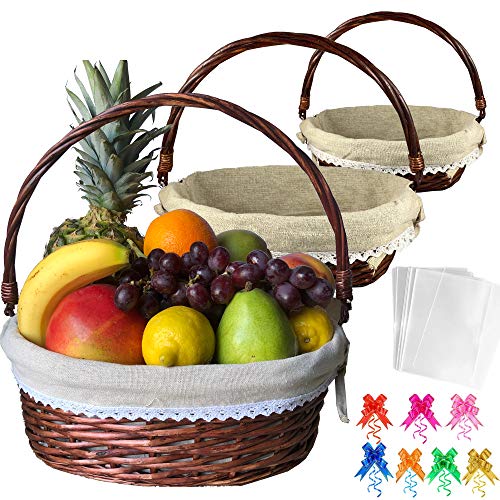 Trebisky Wicker Basket With Cello Wrap, Complete Diy Gift Set Include Heat Shrink Cellophane Bags And Ribbons, Empty Basket For Wine, Picnic, Storage, Food, Easter, Christmas, Birthday (Brown 3Pk) #TOP5