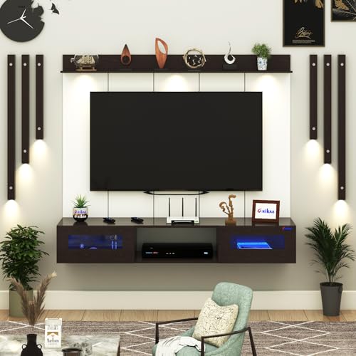 Image of Anikaa OriloPro Engineered Wood Wall Mount TV Unit with PVC Back Panel, Acrylic Blue LED Storage Box, Side Wooden Accent Spot Light Panels I Deal for Up to 50 Inch TV (Wenge - DIY Installation)