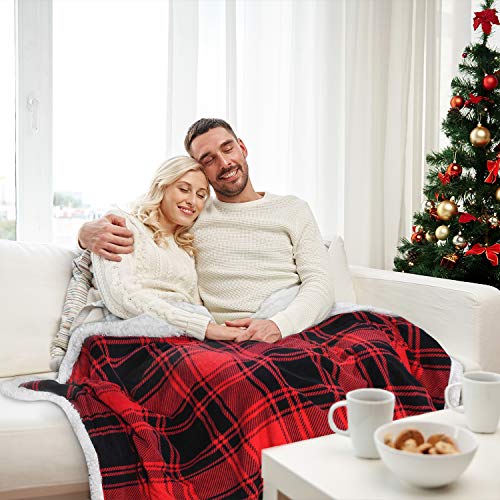Red Plaid Sherpa Fleece Blanket, Super Soft Warm Cozy Flannel Reversible Buffalo Check Throw Blanket For Couch Sofa Bed, 50" X 60" #TOP4
