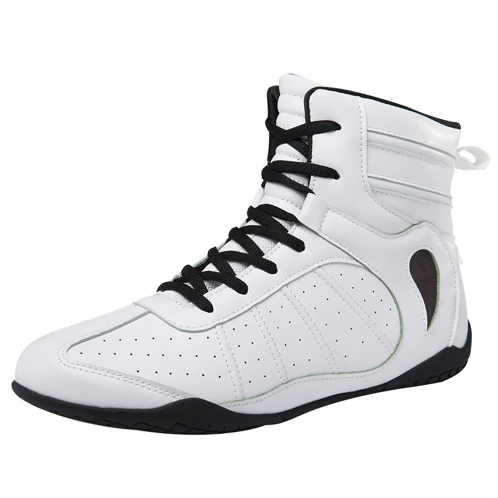 Zapatos de Boxeo y Lucha para Hombres, Soporte de Tobillo de Cuero, Botas de competición y Entrenamiento Antideslizantes, Calzado cómodo para Kickboxing y Lucha.,Blanca,35 EU