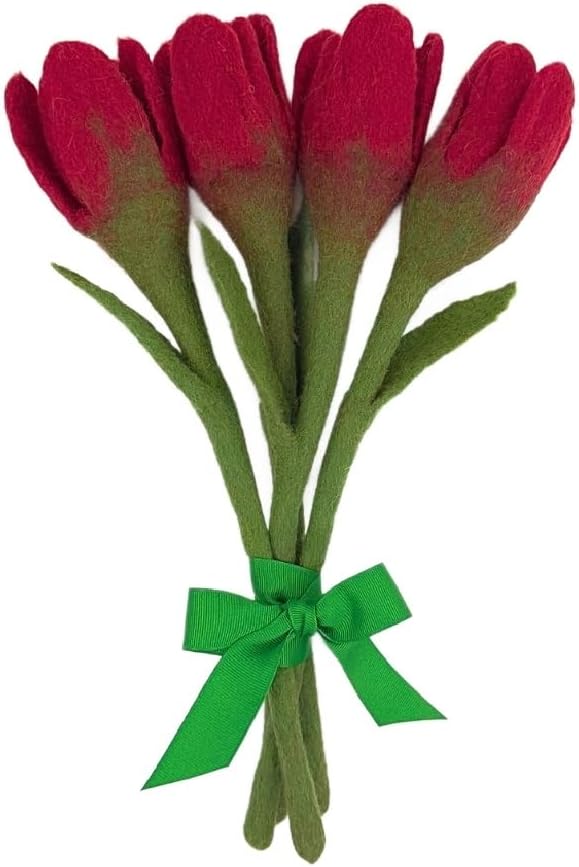 Humble Hilo Handmade Felt Flowers for Decoration Felt Flower Bouquets Fall & Holiday Valentines Flowers (Tulip, Red, Set of 4)