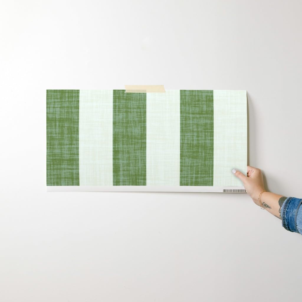 Spoonflower Removable Wallpaper Swatch - Preppy Traditional Grandmillennial Stripe Wide Green Beige Linen Look Faux Texture Bold Minimalism Custom Pre-Pasted Wallpaper