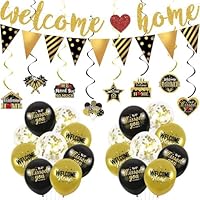 Welcome Home Decorations, Welcome Home Banner, Welcome Home Hanging Swirl, Gold Black Balloons for Welcome Back Theme Sign Party Supplies, Welcome Back Party Supplies